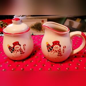 Festive Snowman Holiday Creamer and Sugar Set - Red and White